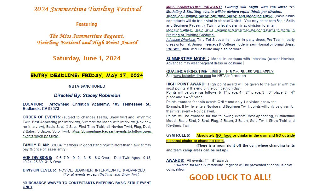 Miss Summertime Twirling Festival Information