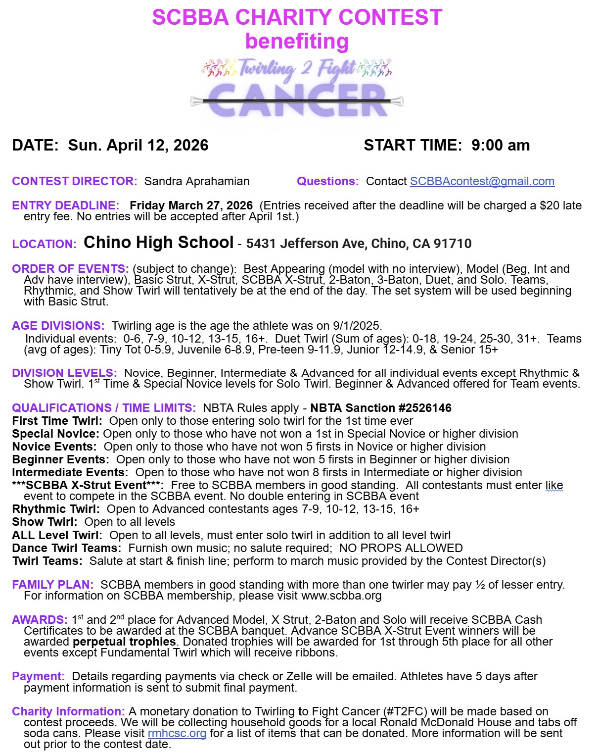 SCBBA Charity Contest benefiting Twirling to Fight Cancer Information